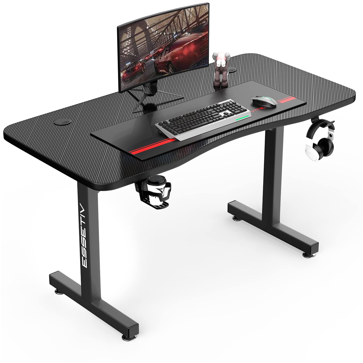Waleaf 40-inch Gaming Desk - T-Shaped PC Computer Desk with Free Mouse Pad, Carbon Fiber Surface, Cup Holder & Headphone Hook | Racing Style Professional Gamer Station for Home Office & Esports Setup