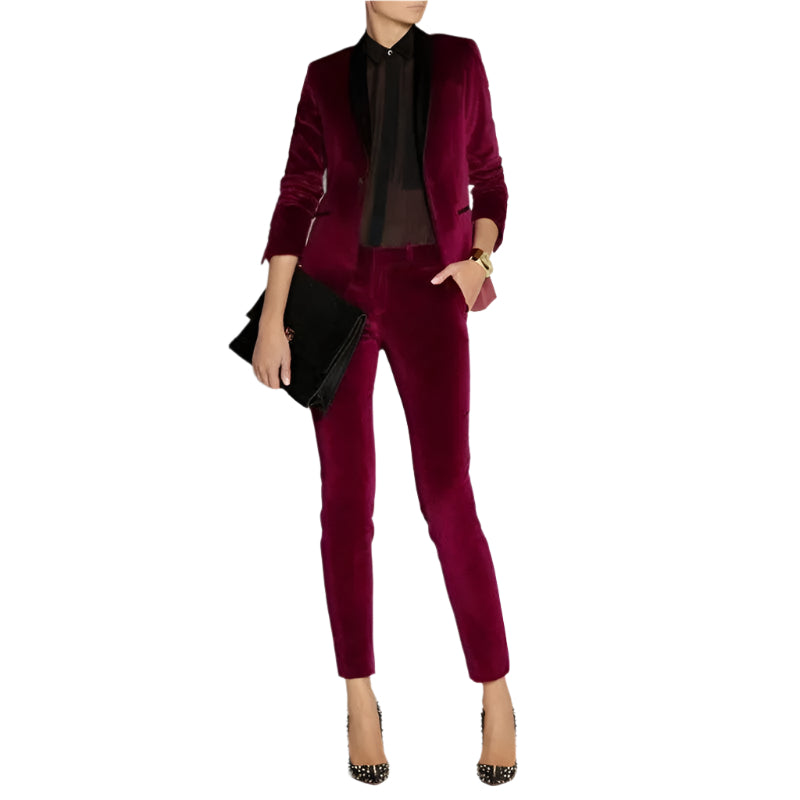 Burgundy Velvet Women's Business Pantsuit - Professional Office Wear for Ladies - Perfect for Meetings, Interviews, and Formal Events