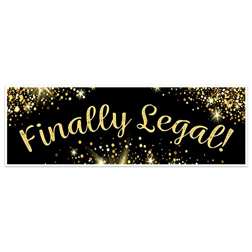 21st Birthday Banner - Black & Gold Finally Legal Party Decorations & Backdrop for Adult Milestone Celebrations