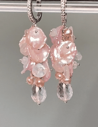 Pink Rose Quartz Moonstone Keishi Pearl Cluster Earrings in Sterling Silver - Elegant Boho Jewelry for Women, Perfect for Weddings, Date Nights & Special Occasions