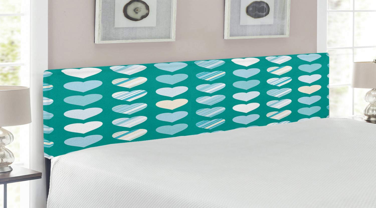 Ambesonne Romantic Heart Design Upholstered Headboard - King Size Bed Frame with Memory Foam Padding in Jade Green & Seafoam Cream | Perfect for Master Bedroom Decor & Couples Gift Idea