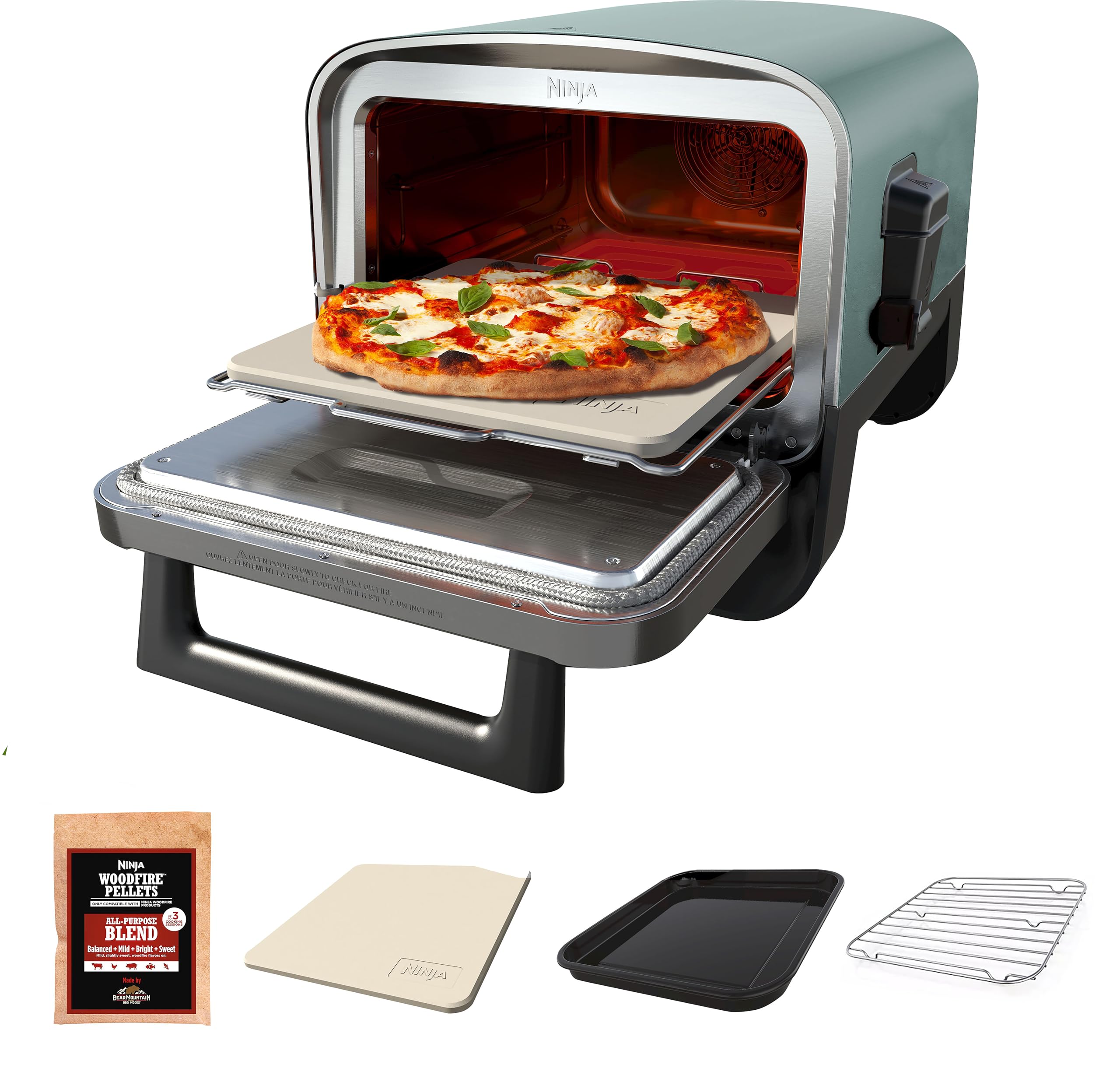 Ninja Woodfire Outdoor Pizza Oven - 8-in-1 Portable Electric Roaster & BBQ Smoker with 700°F Heating, 5 Artisan Pizza Settings, Includes Flavored Wood Pellets (Pine Green, Renewed) - Perfect for Backyard Parties, Camping & Outdoor Cooking