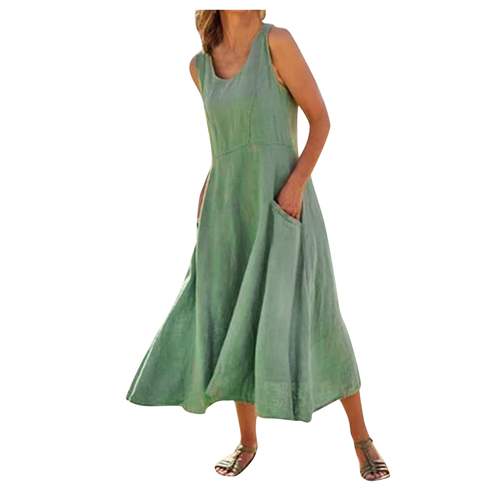 ETHKIA Women's Casual Solid Cotton Linen A-Line Dress - Sleeveless Summer Dress with Pockets, Loose Fit for Comfort, Perfect for Beach, Vacation and Everyday Wear