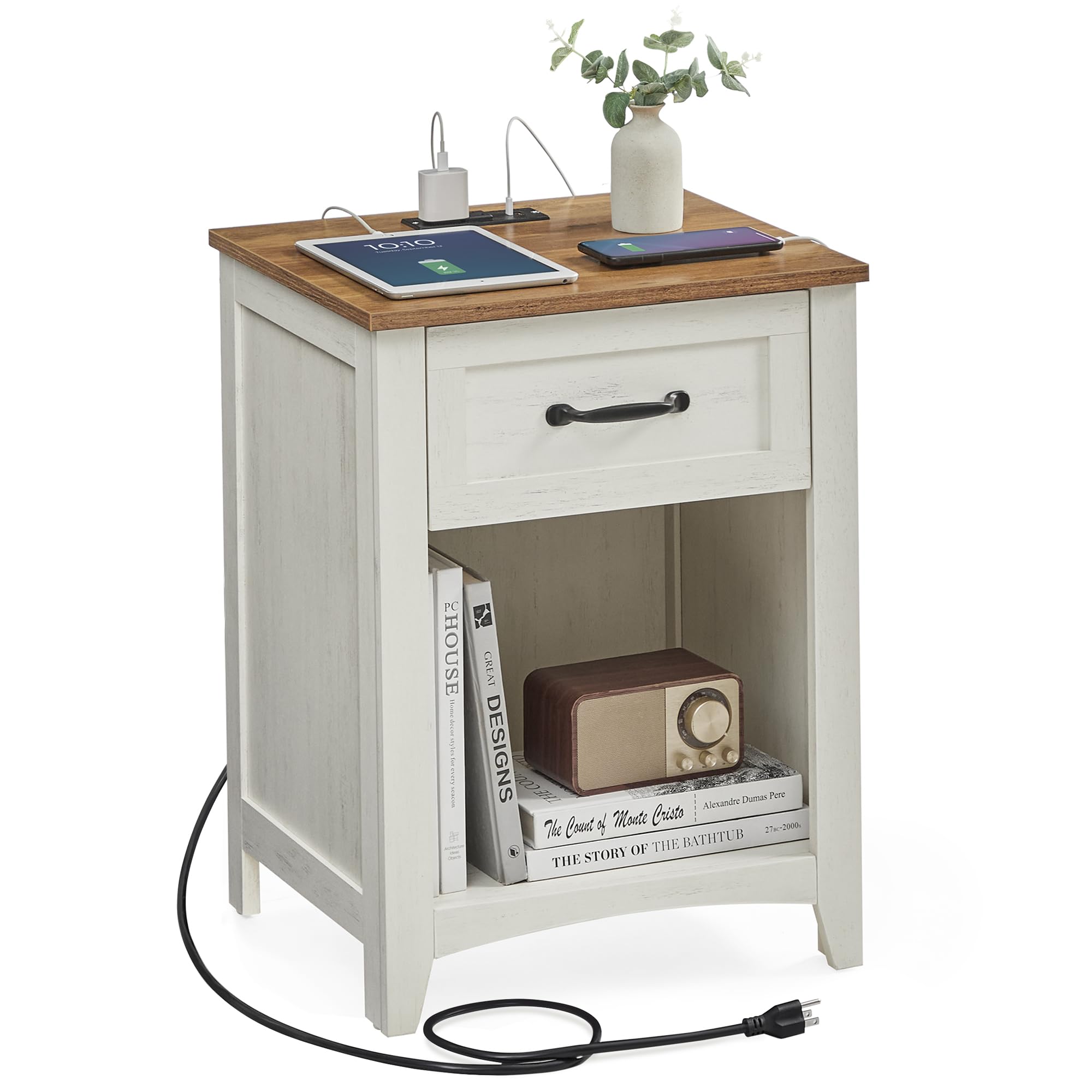 VASAGLE Rustic Farmhouse Nightstand with USB Charging Station, 2-Tier Storage Drawer & Open Shelf - Bedside Table for Bedroom, Living Room, Home Office - White & Honey Brown Finish ULET659K41 | Perfect for Organizing Books, Lamps & Charging Devices