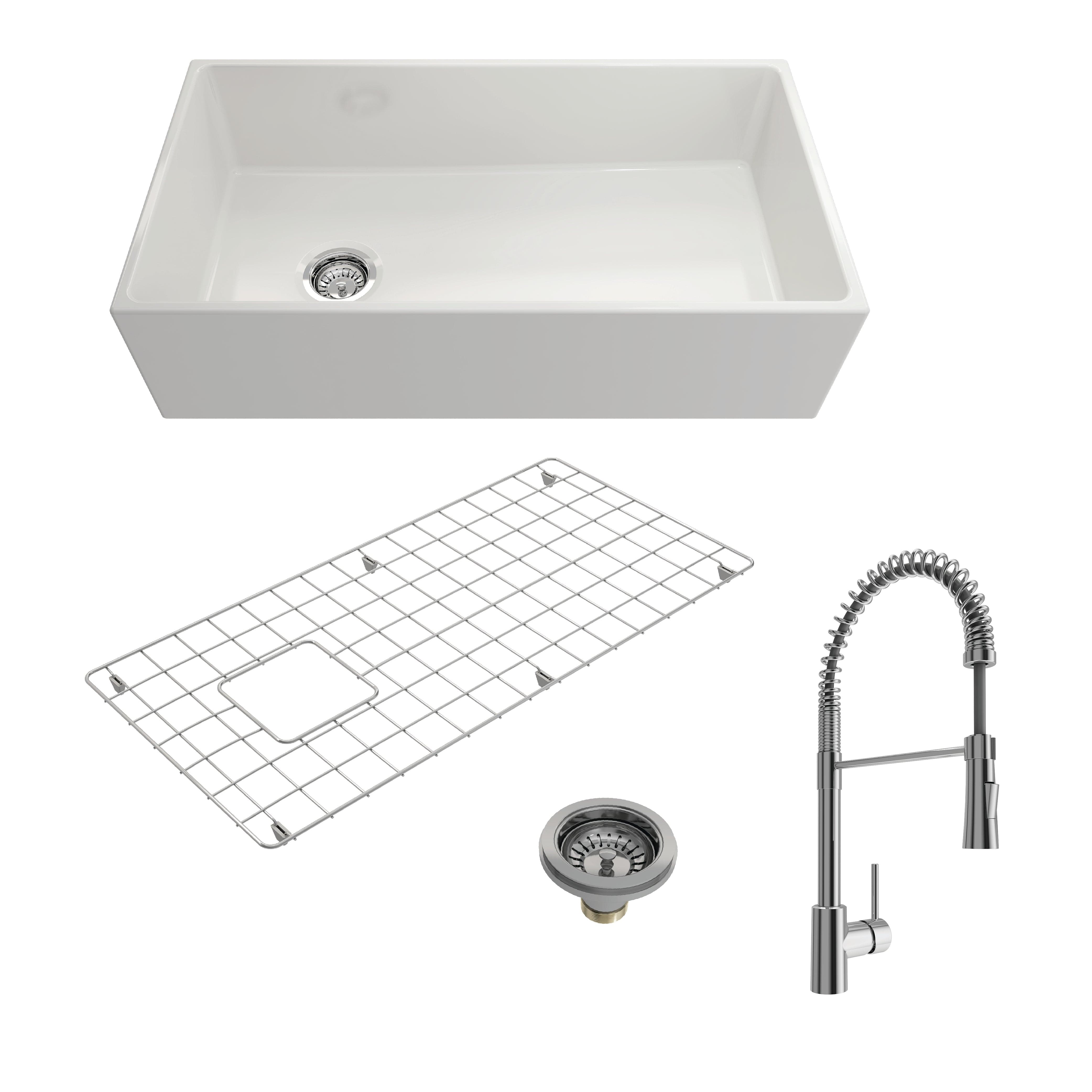 BOCCHI CONTEMPO 36 Inch Fireclay Farmhouse Kitchen Sink with Bottom Grid, Strainer & Livenza Faucet - Perfect for Modern Farmhouse, Rustic, and Traditional Kitchen Designs