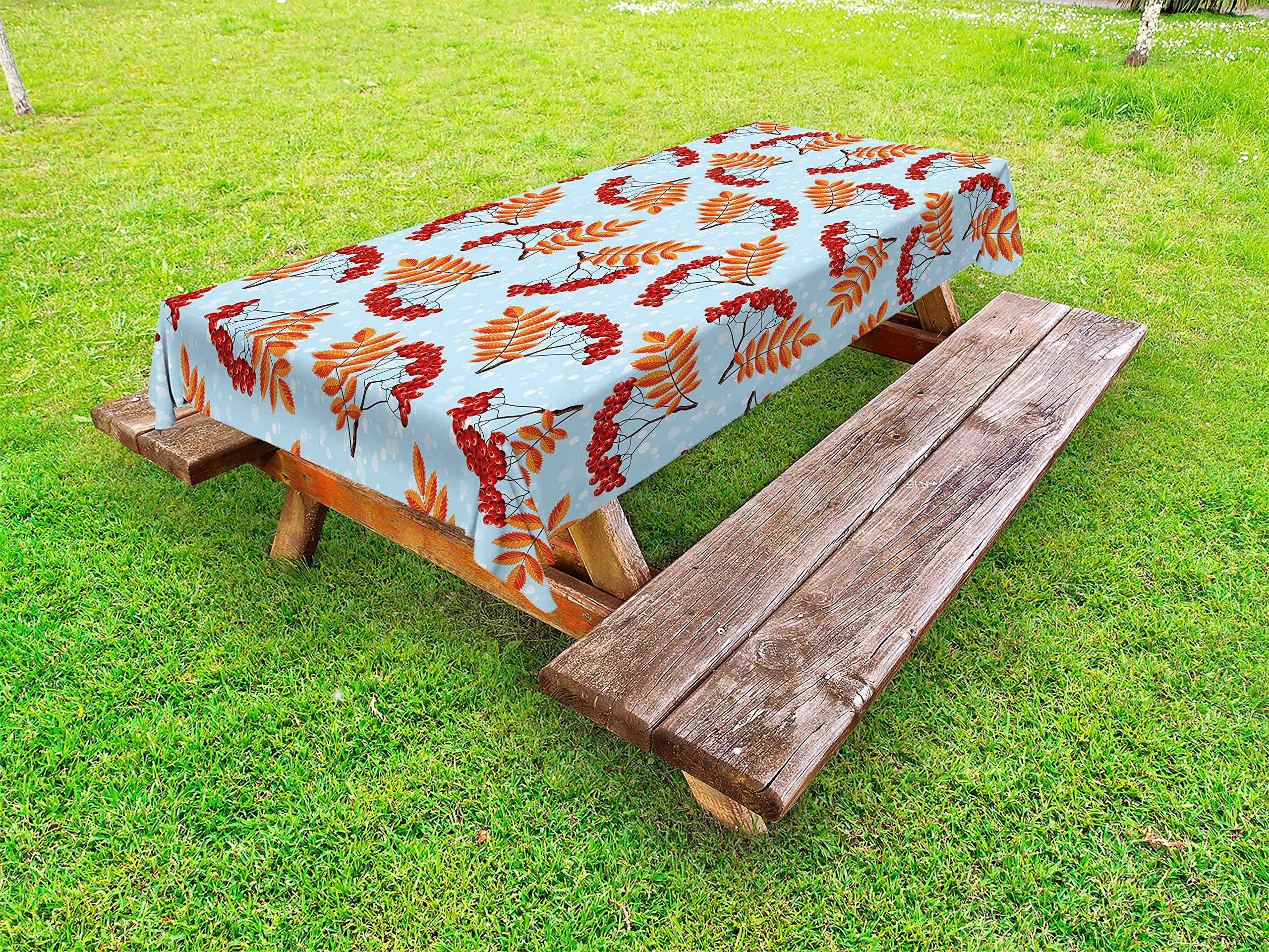 Ambesonne Rowan Waterproof Outdoor Tablecloth - Abstract Dried Leaf & Vivid Berries Design - Washable Picnic Table Cover 58x120 Inches - Pale Blue Red Orange - Perfect for Garden Parties, BBQs & Outdoor Dining