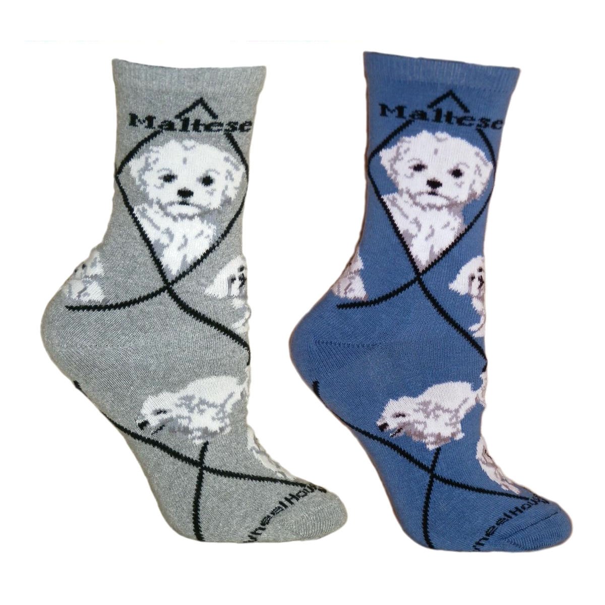 Wheel House Designs Bundle - 2 Pairs of Large Cotton Socks with Cute Maltese Puppy Print (Blue & Gray) - Perfect for Dog Lovers, Cozy Home Wear & Gift Ideas