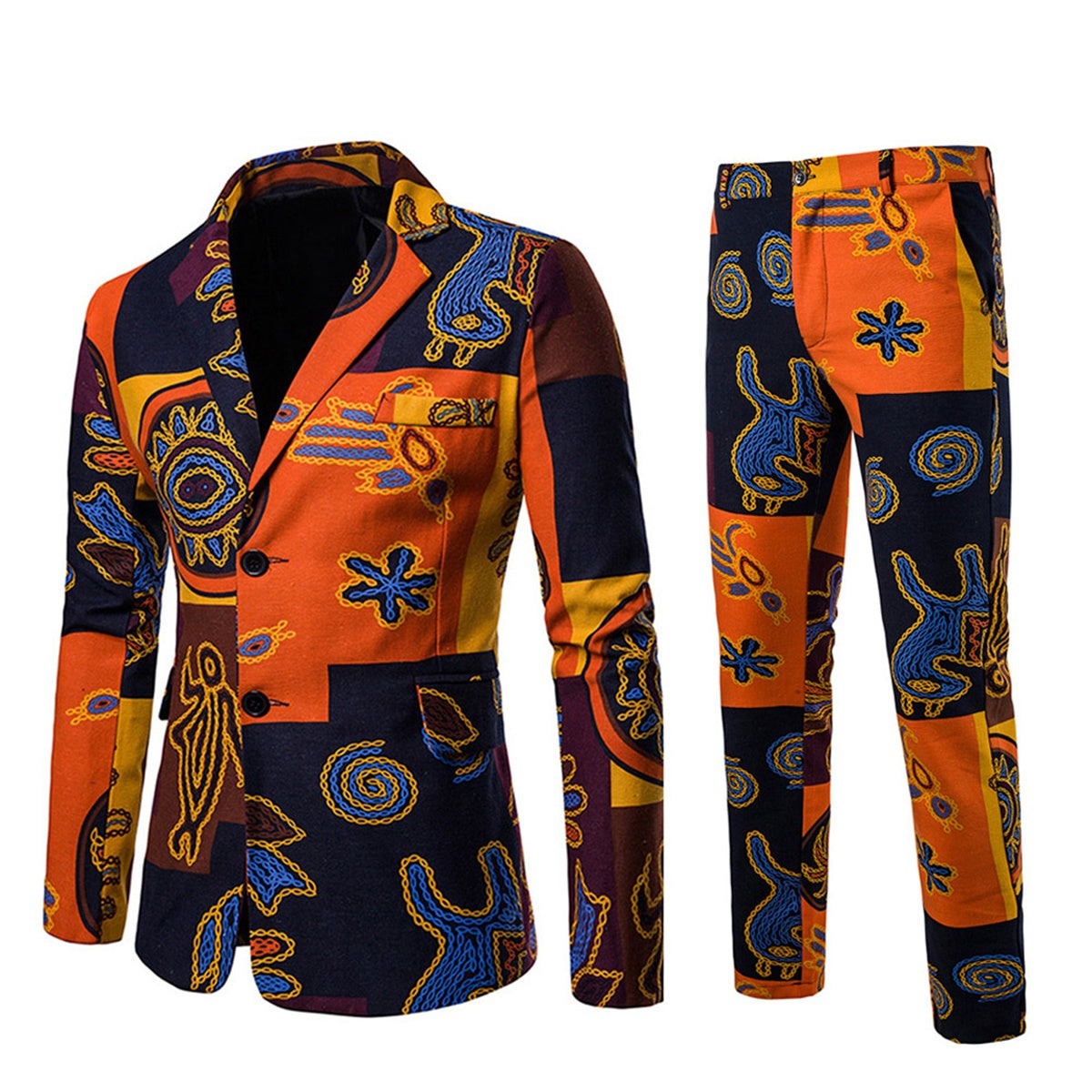 2 Piece Men's Two Button Ethnic Style Print Suit Set - Formal & Wedding Attire for Grooms, Parties & Special Occasions