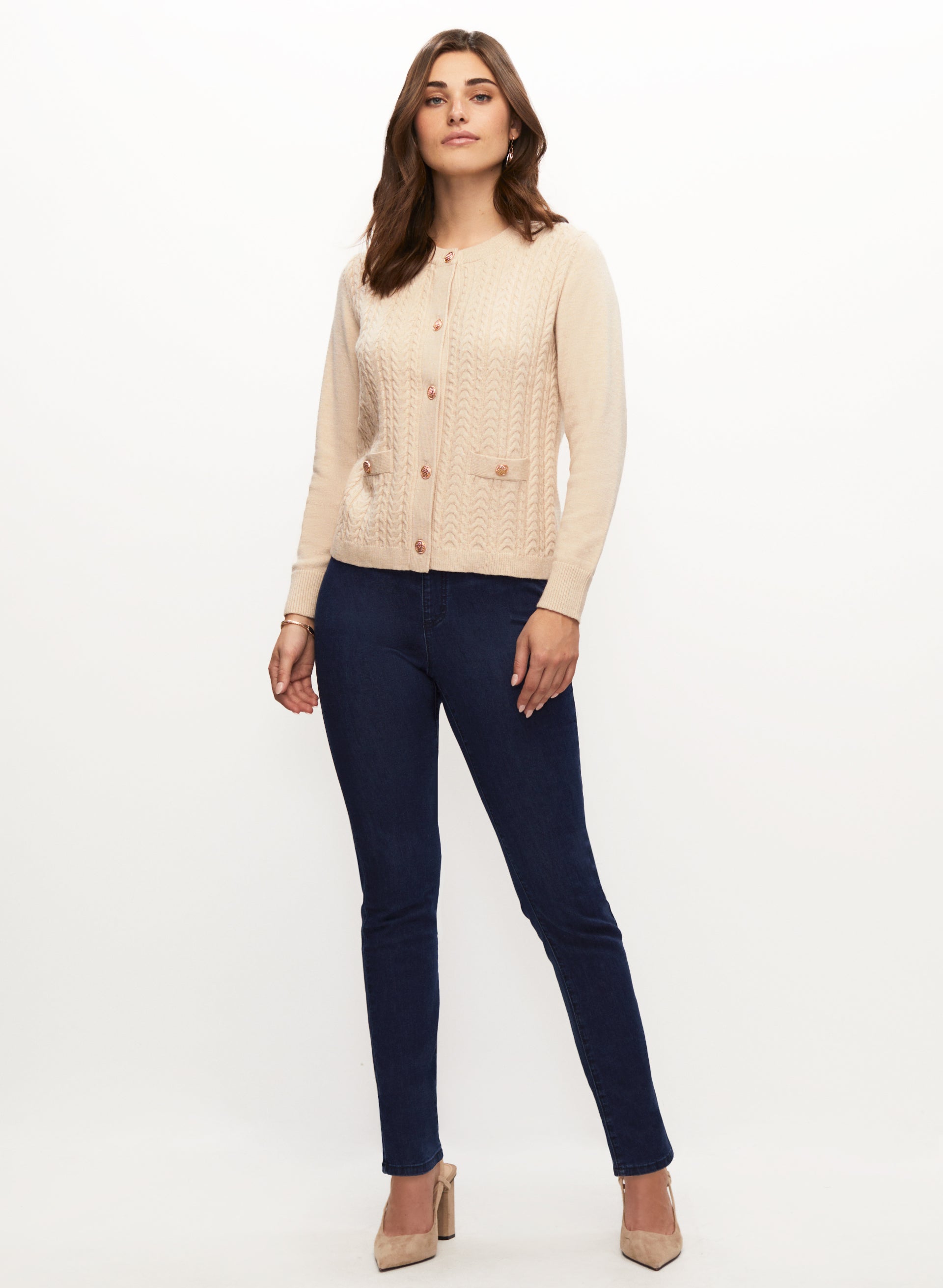 Cozy Cable Knit Cardigan Women's Pullover Sweater, High Waisted Stretch Pull On Jeans & Boho Dangle Earrings Set - Perfect for Fall Outfits, Casual Wear & Date Nights