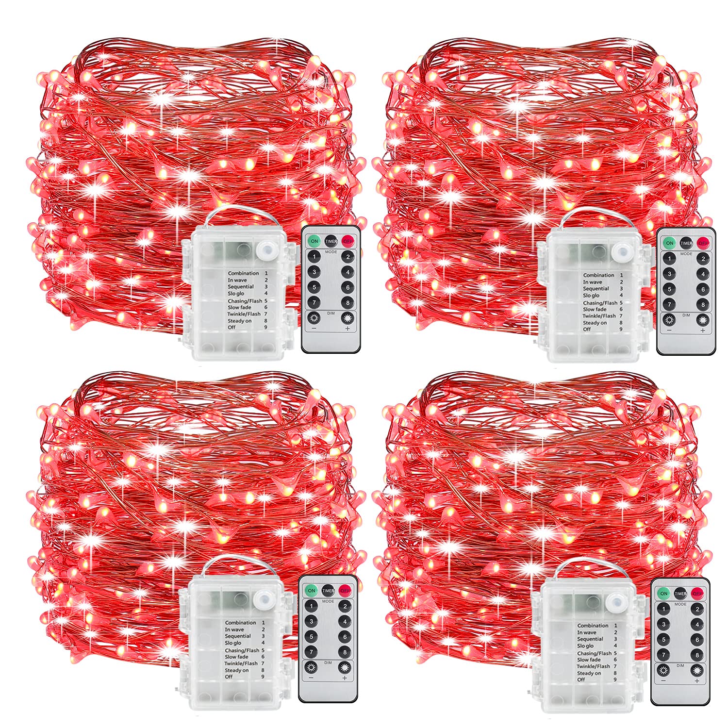 4 Pack Fairy String Lights - 16.4ft Battery Operated Waterproof LED Copper Wire Lights with Remote & 8 Modes (Red) - Perfect for Bedroom Decor, Christmas Tree, Wedding, Party & Outdoor Lighting