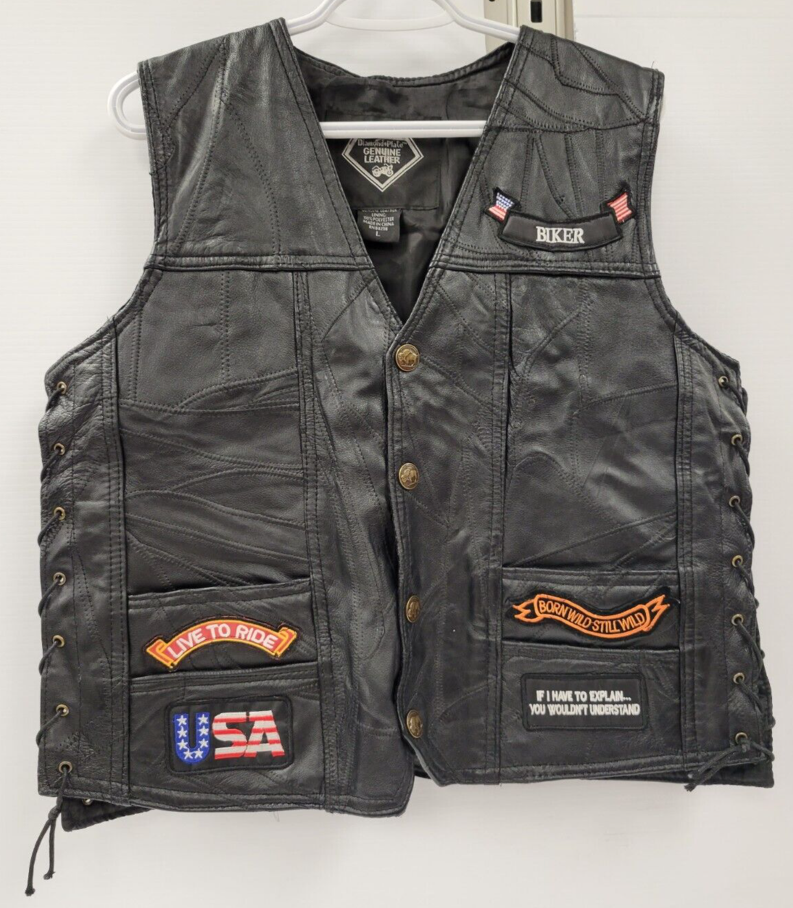 Diamond Plate Leather Vest for Men - Size L, Black Biker Jacket with Studs - Perfect for Motorcycle Riding, Biker Events & Fashion Outfits