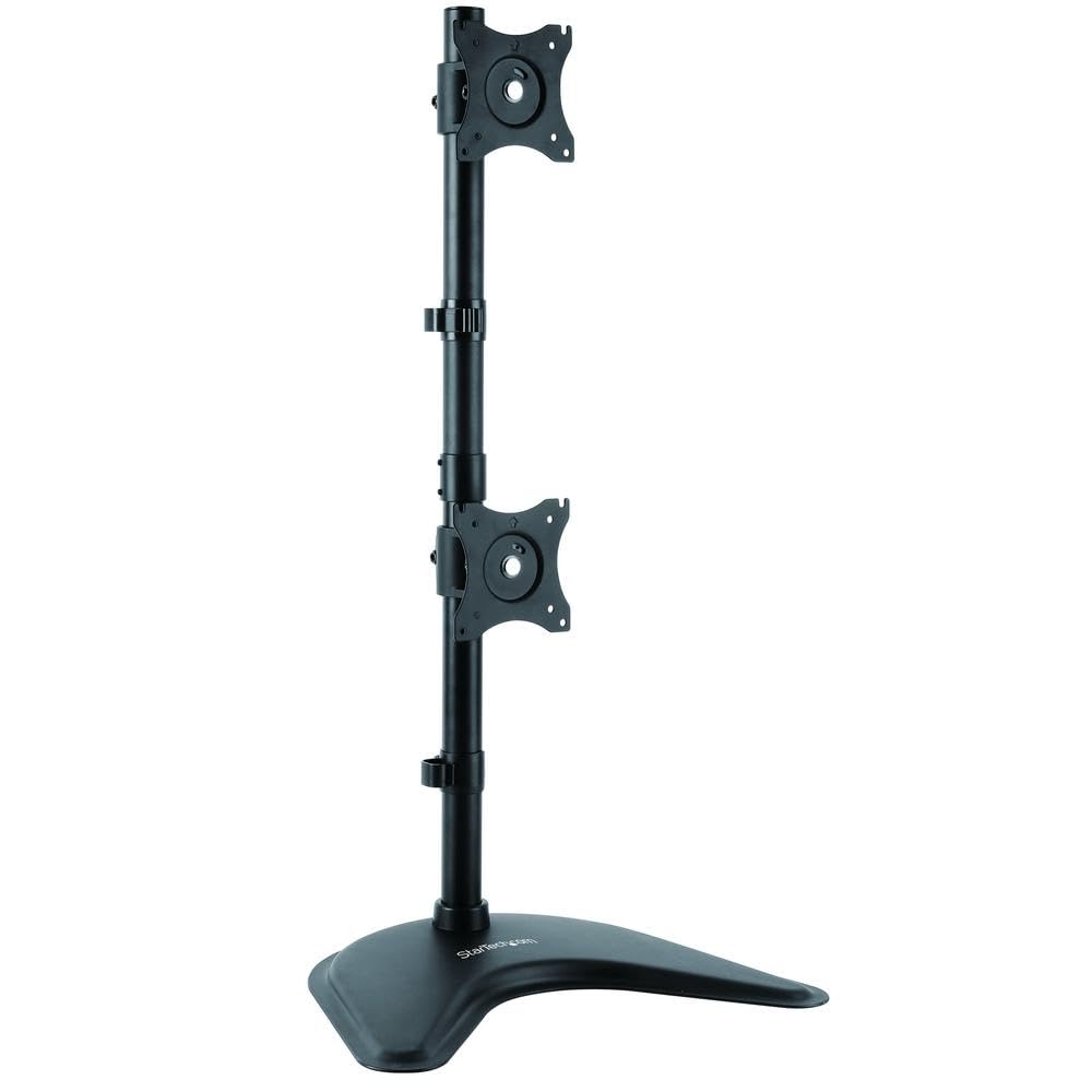 StarTech.com Vertical Dual Monitor Stand for 13” to 27” Screens - Adjustable VESA Mount Stand for Double Stacked Computer Monitors - Black (ARMBARDUOV) - Perfect for Home Office, Gaming Setup & Workspace Organization