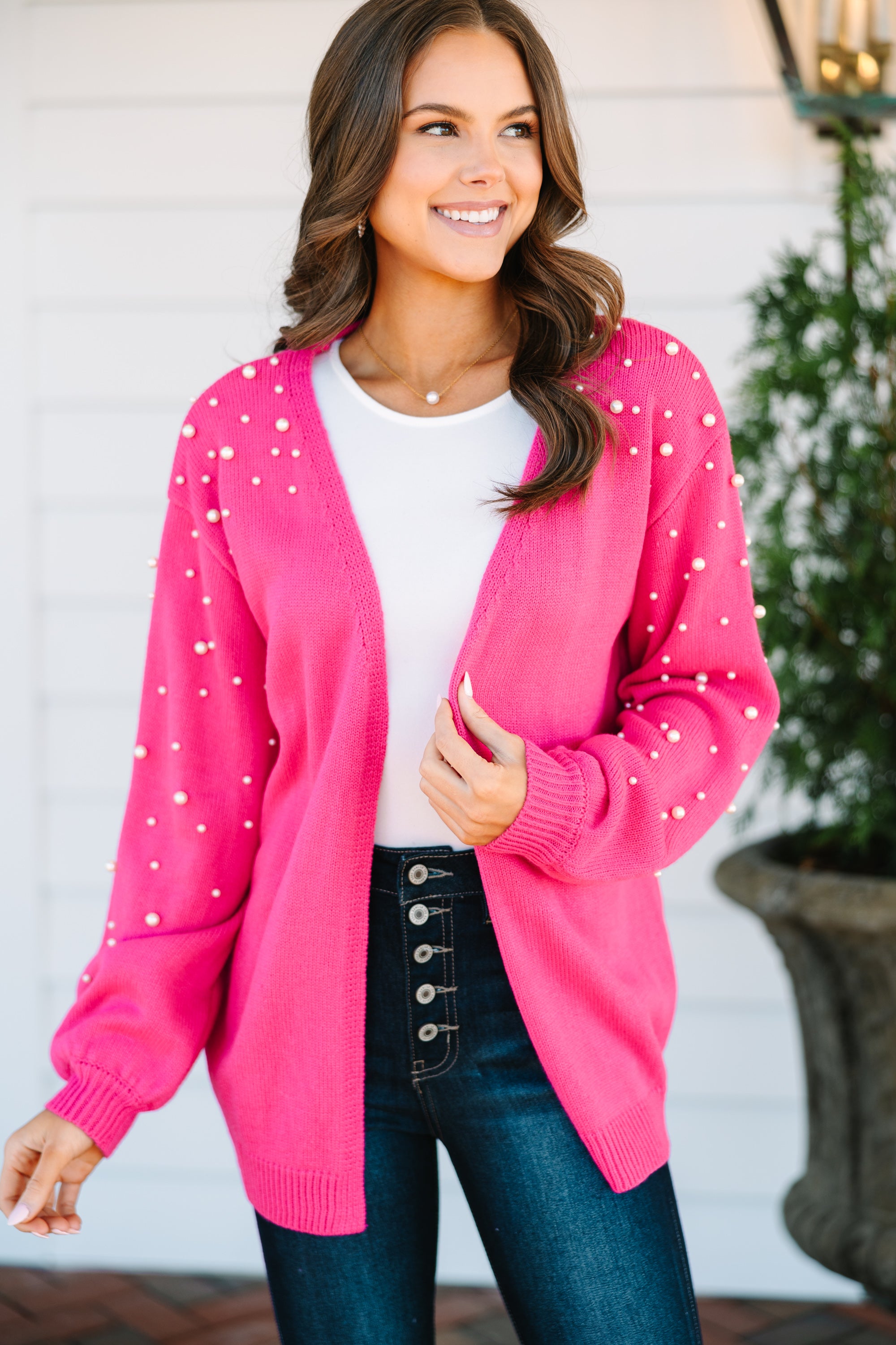 Fuchsia Pink Embellished Cardigan for Women - Stylish Knit Sweater with Beaded Details | Perfect for Office, Date Night & Fall Layering