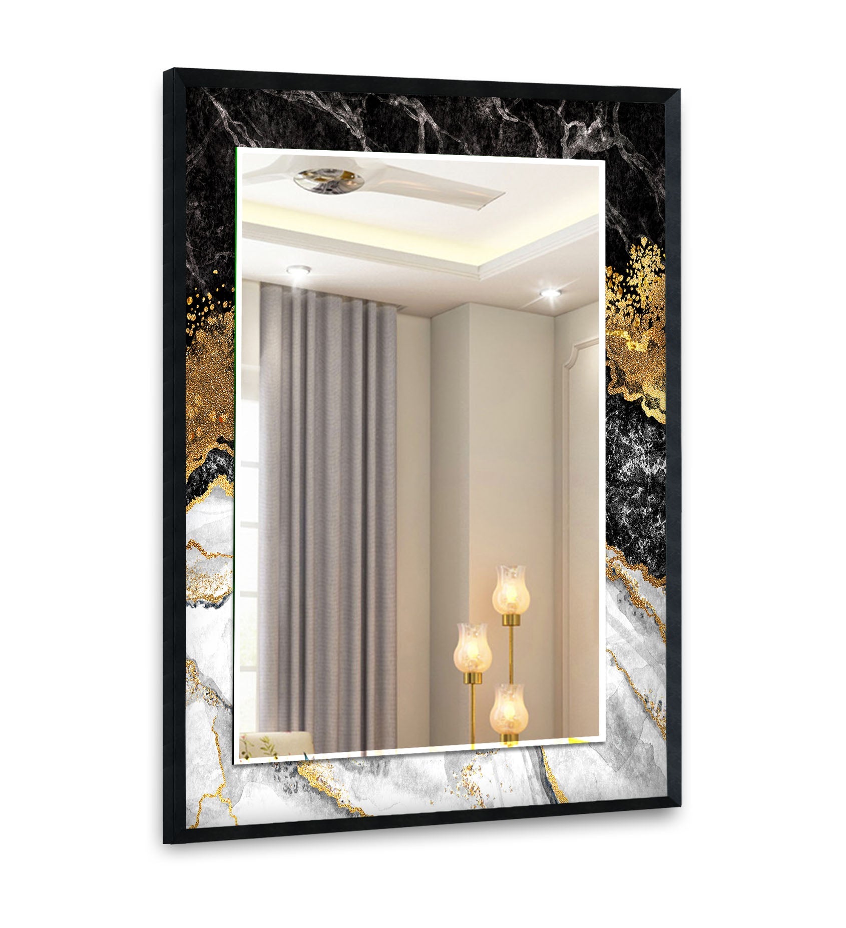 Elegant Black Marble Gold Frame Wall Mirror - Modern Home Decor for Living Room, Bedroom & Entryway