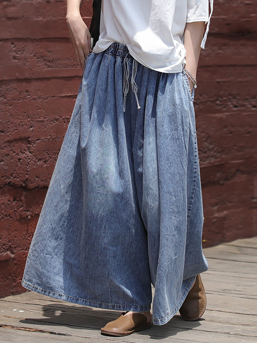 Plus Size Casual Drawstring Blue Denim Wide Leg Pants Jeans for Women - Comfortable Stretch High Waist Trousers for Everyday Wear, Work & Travel