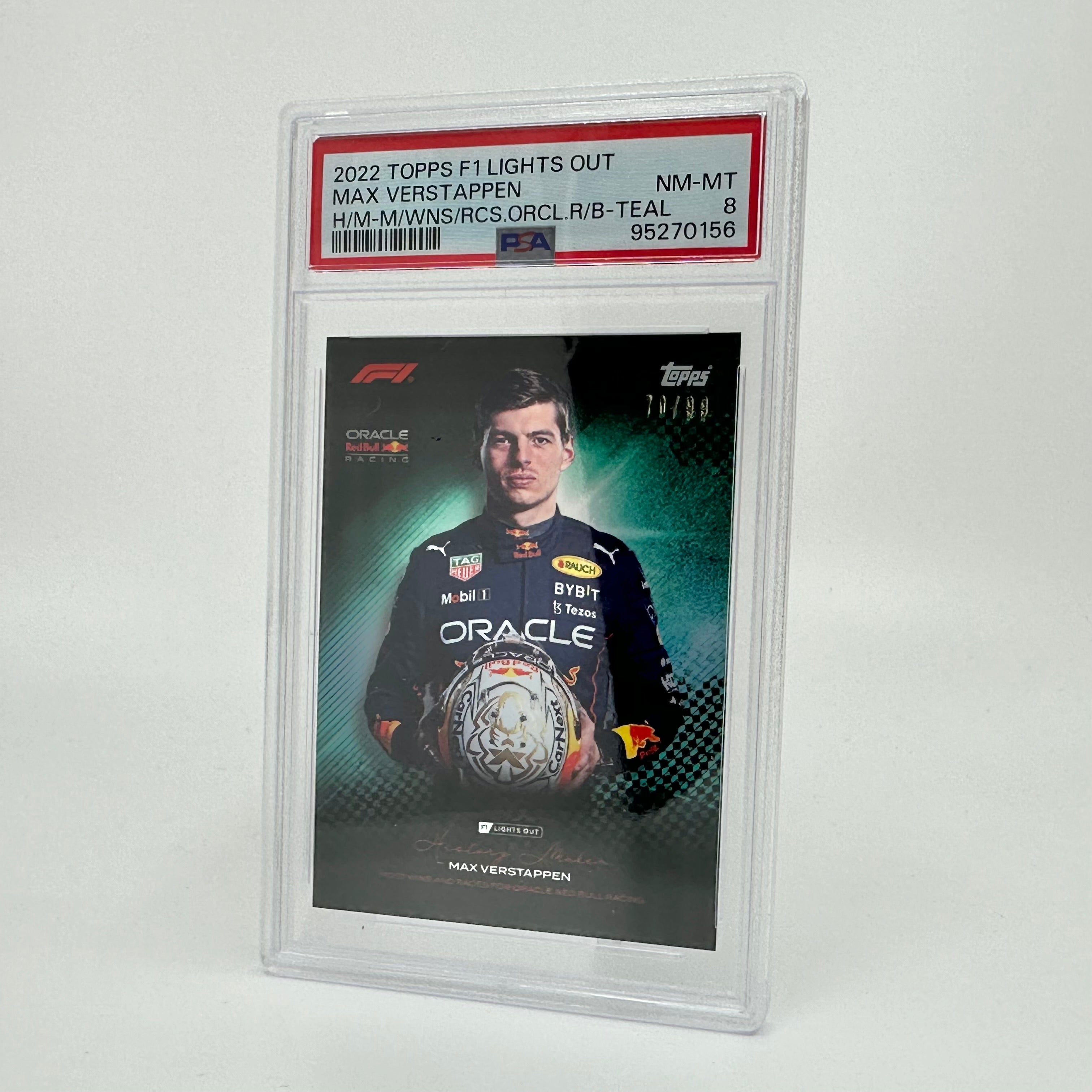 PSA 8 Graded 70/99 Max Verstappen Racing Card - Most Wins & Races in F1 History - Collectible Teal Edition for Sports Memorabilia & Fan Display