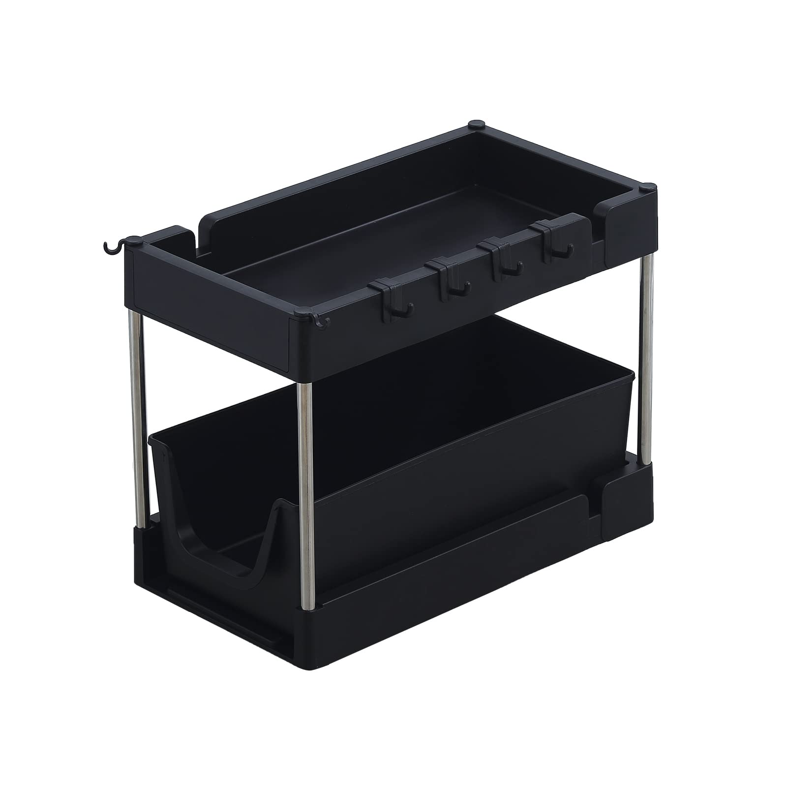 YBOBK HOME 2-Tier Under Sink Organizer with Sliding Drawer & 6 Hooks - Space Saving Cabinet Storage for Kitchen, Bathroom, Countertop - Perfect for Organizing Cleaning Supplies, Sponges & Utensils (Black)