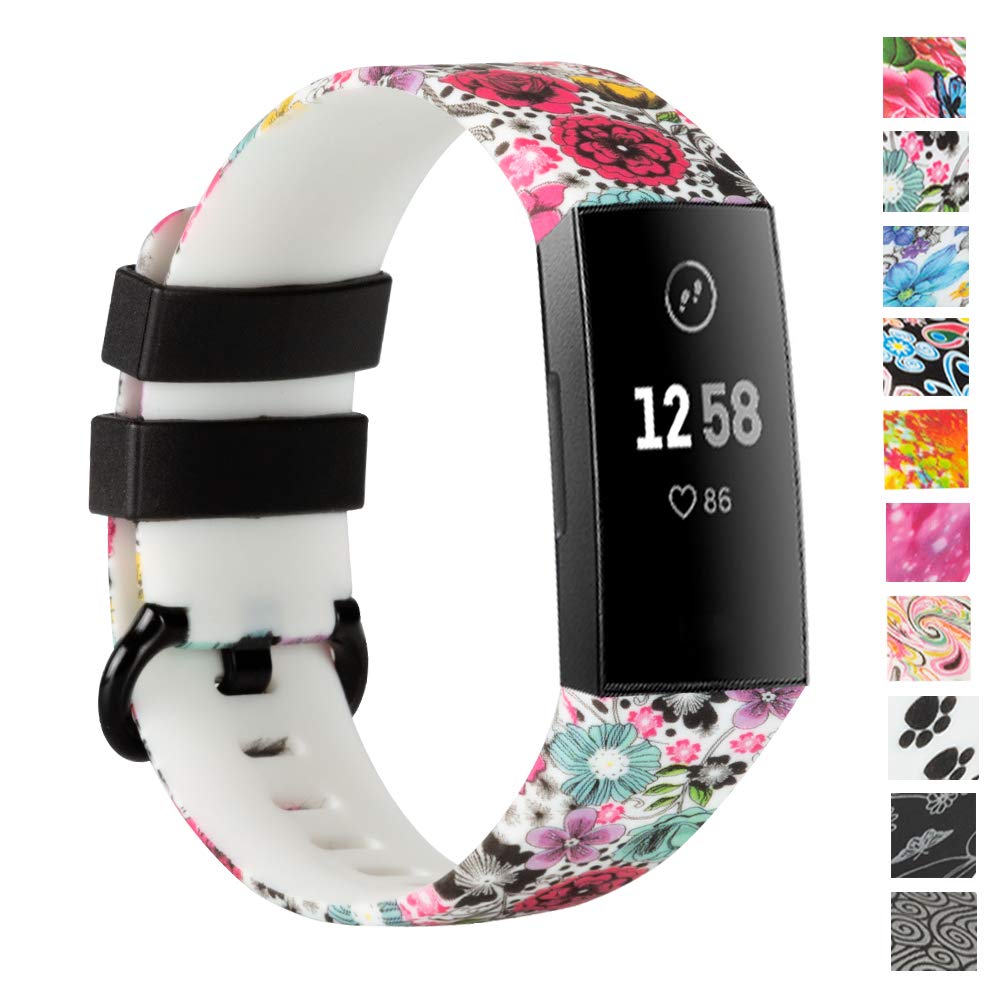 Honecumi Replacement Bands Compatible with Fitbit Charge 4/Charge 3/Charge 3 SE - Silicone Floral Pattern Wristband Strap for Men & Women (Small Size) - Perfect for Workouts, Running & Daily Wear