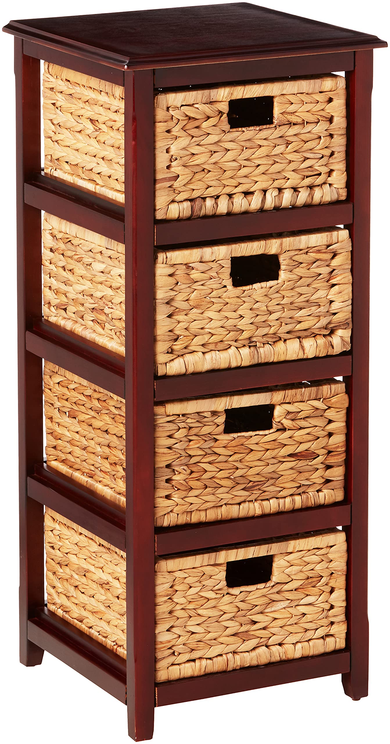 OSP Home Furnishings 4-Drawer Seabrook Storage Tower - Solid Wood Frame with Natural Woven Baskets, Espresso Finish - Perfect for Bedroom Closet Organization, Bathroom Storage & Living Room Decor