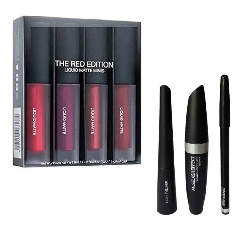 WTHUDA Liquid Matte Minis Lipstick Set - Red Edition (6ml) with 3-in-1 Eyeliner, Mascara & Eyebrow Pencil Combo (7-Piece Kit) | Long-Lasting Makeup for Parties, Weddings & Daily Wear