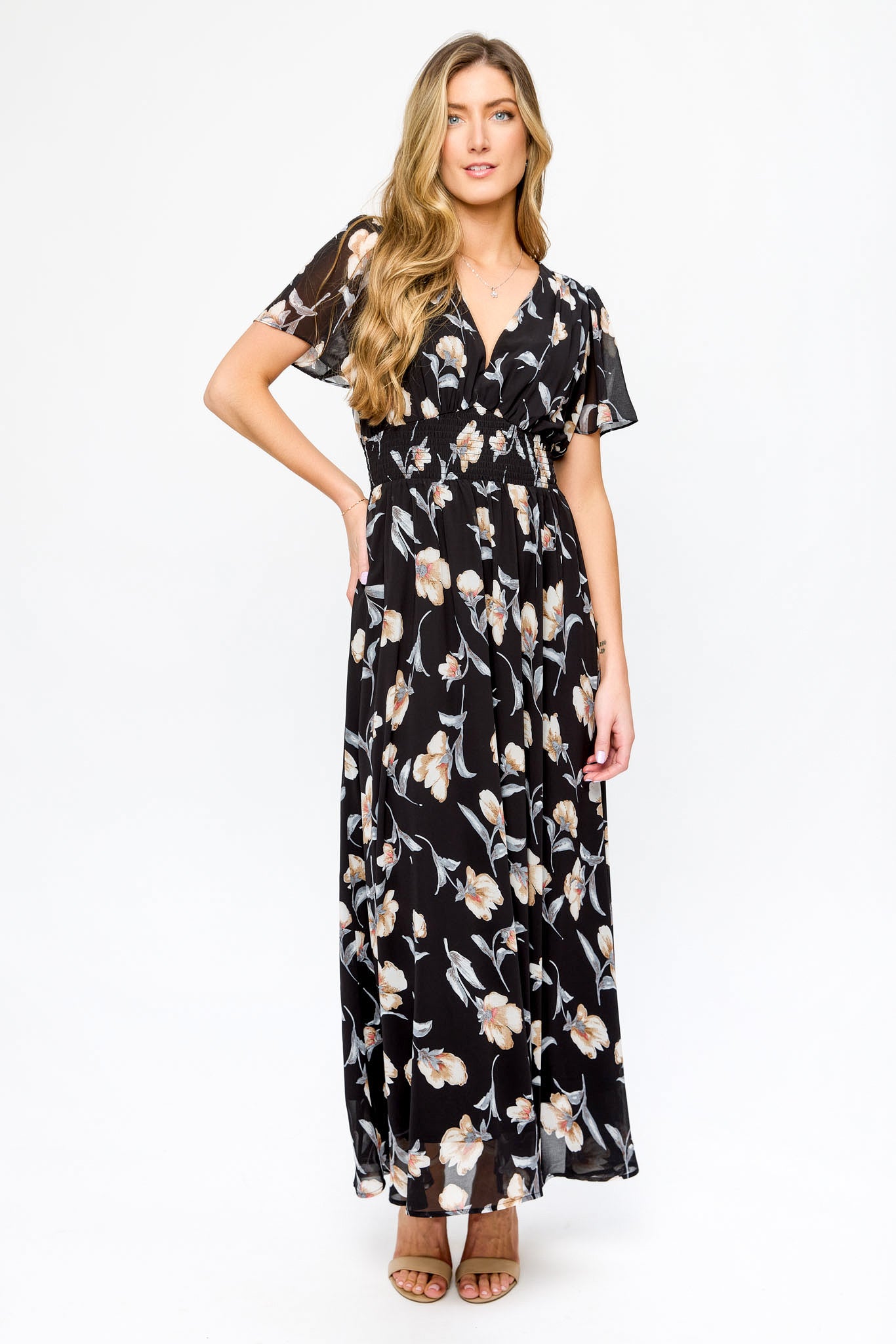 Floral Chiffon Flutter Sleeve Maxi Dress for Women - Elegant Summer Beach Wedding Party Dress | Perfect for Vacations, Date Nights & Special Occasions