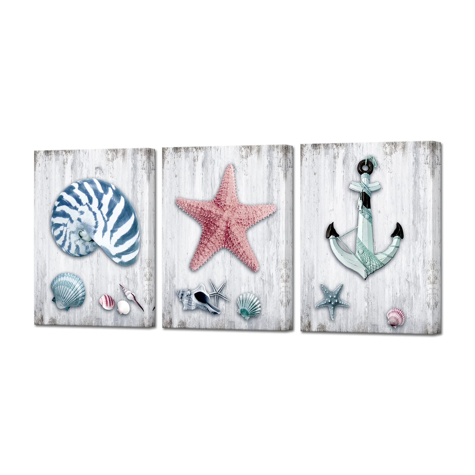 YeiLnm Nautical Seashell Canvas Wall Art - Starfish, Anchor & Conch Beach Theme Painting for Bathroom & Bedroom Decor | Coastal Home Decor, Beach House Wall Art, Ocean Themed Living Room Decor