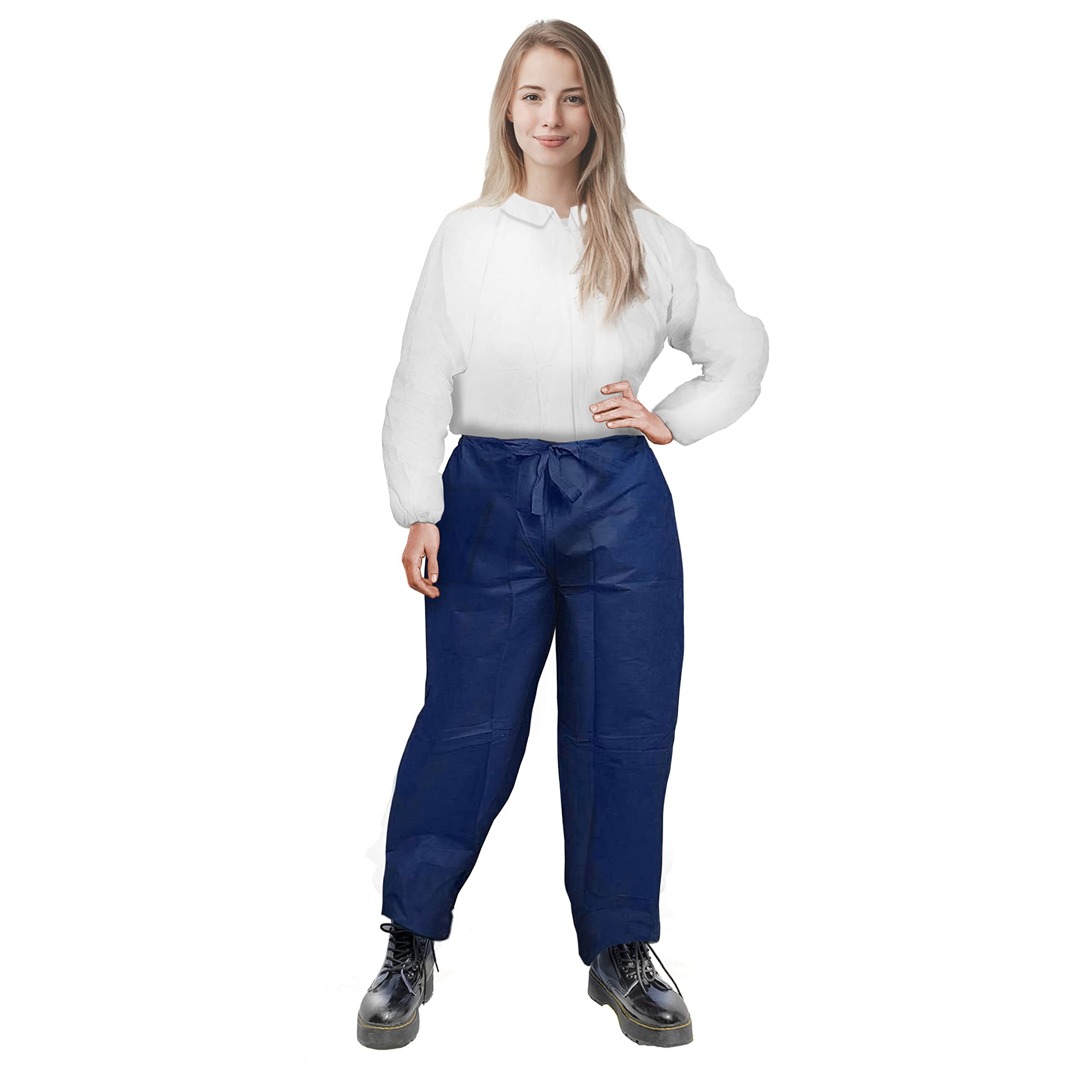 AMZ Medical Supply Disposable Pants for Women & Men - Medium Blue Waterproof Polypropylene Scrubs with Drawstring, Pockets (10-Pack) - Ideal for Hospitals, Nursing Homes, and Home Care Use