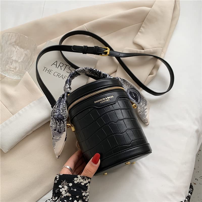 Maosanyue Women's Ribbon Cylinder Mini Crossbody Shoulder Bag - Stylish Bucket Purse for Cellphone & Essentials (Black) | Perfect for Daily Use, Shopping, and Travel