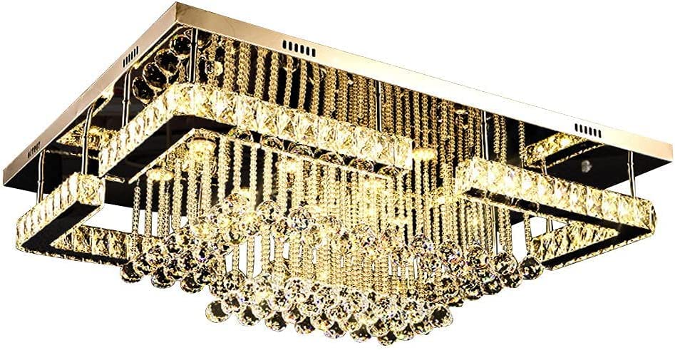 Modern Crystal Chandelier with Remote Control - Flush Mount LED Ceiling Light Fixture, 3 Color Temperature & Dimmable, Rectangle Crystal Pendant Lighting for Living Room, Bedroom, Hallway, Hotel Lobby - Elegant Home & Commercial Lighting Solution