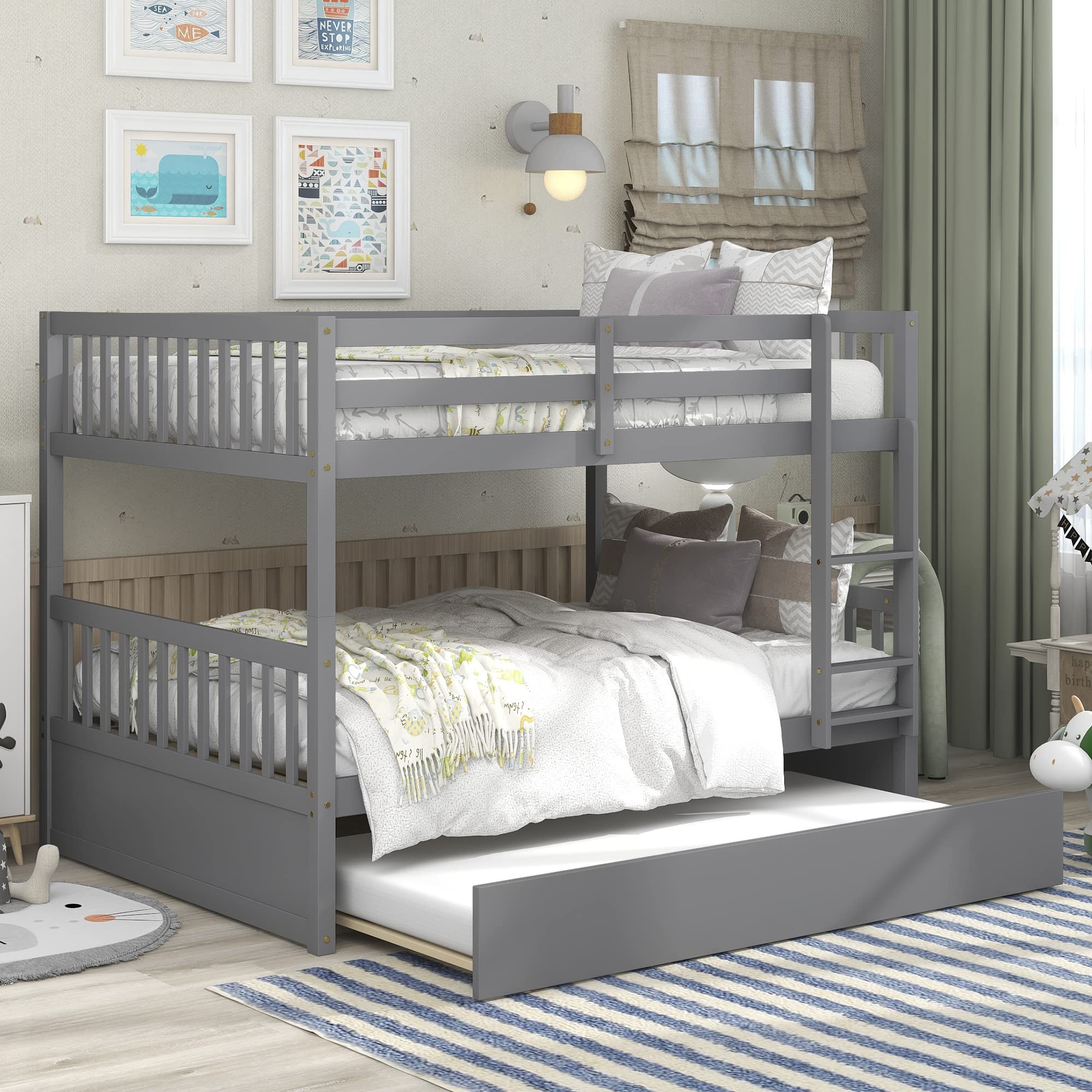 Full Over Full Bunk Bed with Trundle - Convertible to 2 Full Size Platform Beds - Sturdy Metal Frame with Ladder & Safety Rails for Kids, Teens & Adults - Space-Saving Grey Bedroom Furniture for Guest Rooms, Dorms & Small Apartments