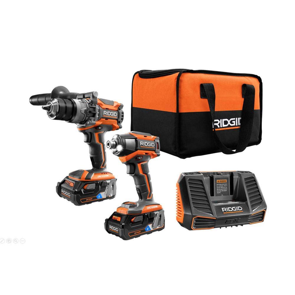 RIDGID 18V OCTANE Brushless Cordless Combo Kit with Hammer Drill, Impact Driver, 2 x 3.0Ah Batteries & Charger - Professional Power Tool Set for Construction, Woodworking & DIY Home Projects