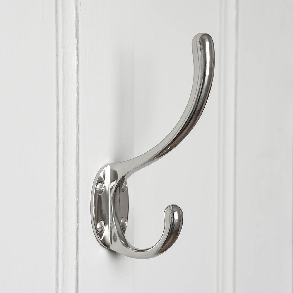 Polished Nickel Double Hat & Coat Hook - Heavy Duty Wall Mounted Hanger for Entryway, Bathroom & Bedroom Organization