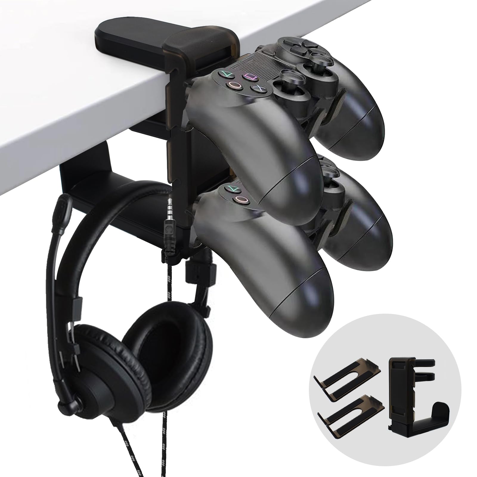 Yiomxhi 2 in 1 Gaming Headset and Controller Holder - 360° Rotating Desk Stand with Cable Management for PS5, Xbox, PC Accessories (Black) - Perfect for Gaming Setup, Office Organization & Streamer Workstations