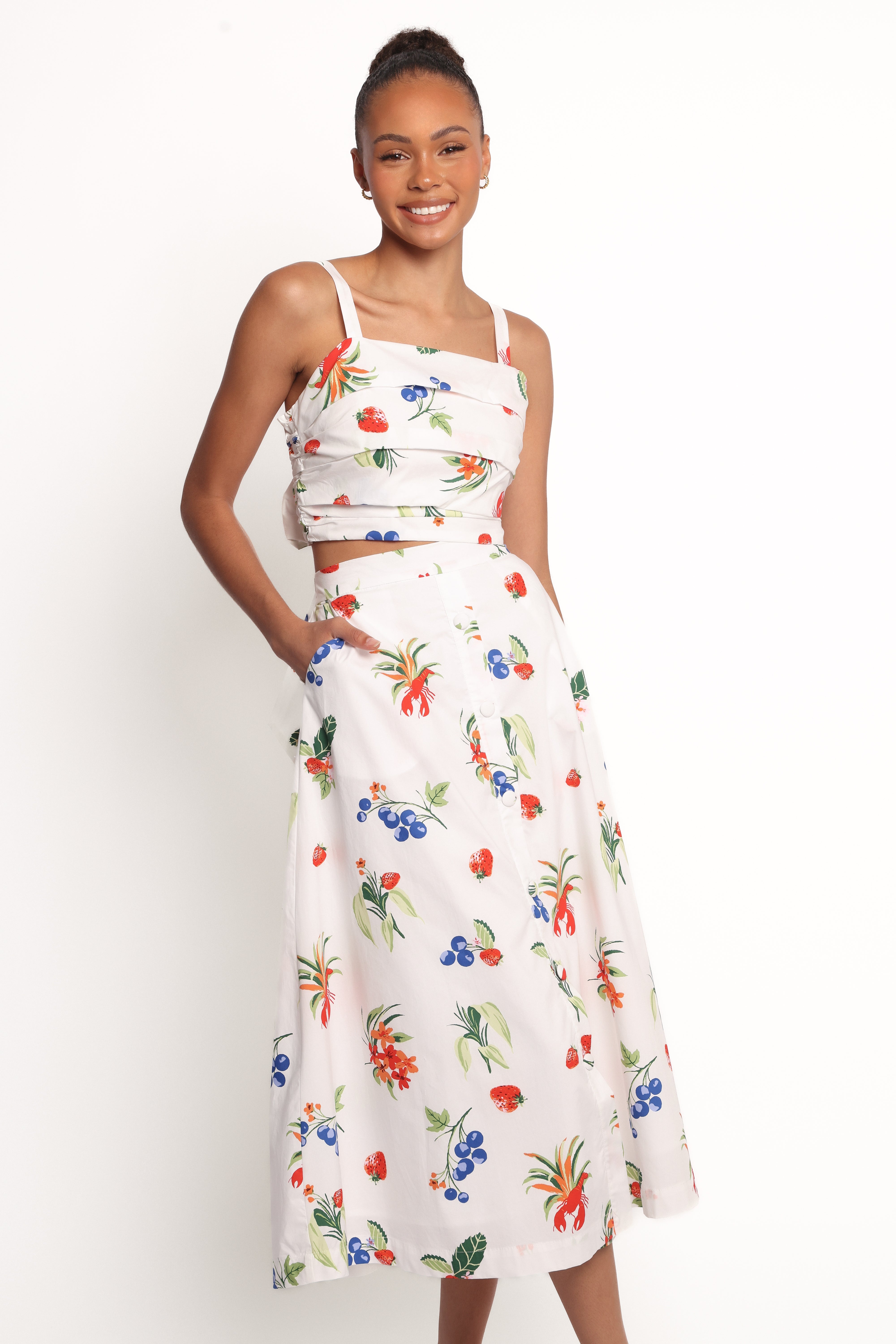 Geneva Midi Skirt - Off White & Red Floral Print A-Line Skirt for Women | Casual Summer Dress, Beach Outfit & Boho Style Fashion