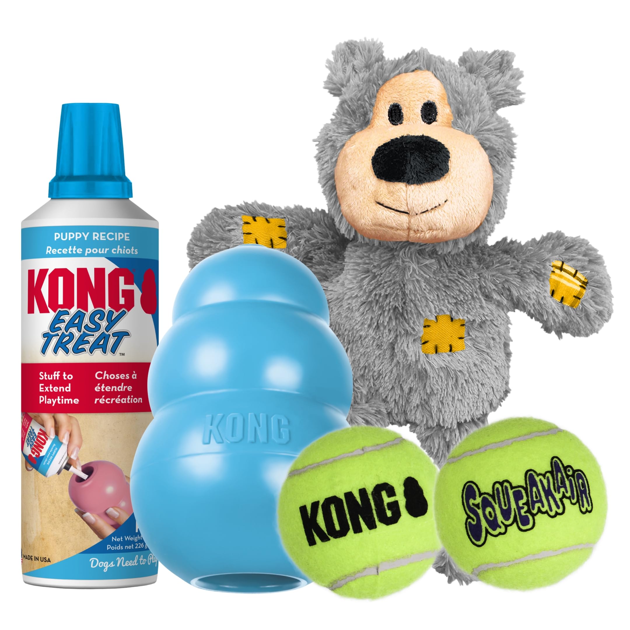 KONG Puppy Starter Dog Toy Kit - Interactive Chew Toys for Medium Puppies with SqueakAir Balls, Easy Treat Dispenser & Wild Knots Bear - Blue | Perfect for Teething, Training & Playtime Fun