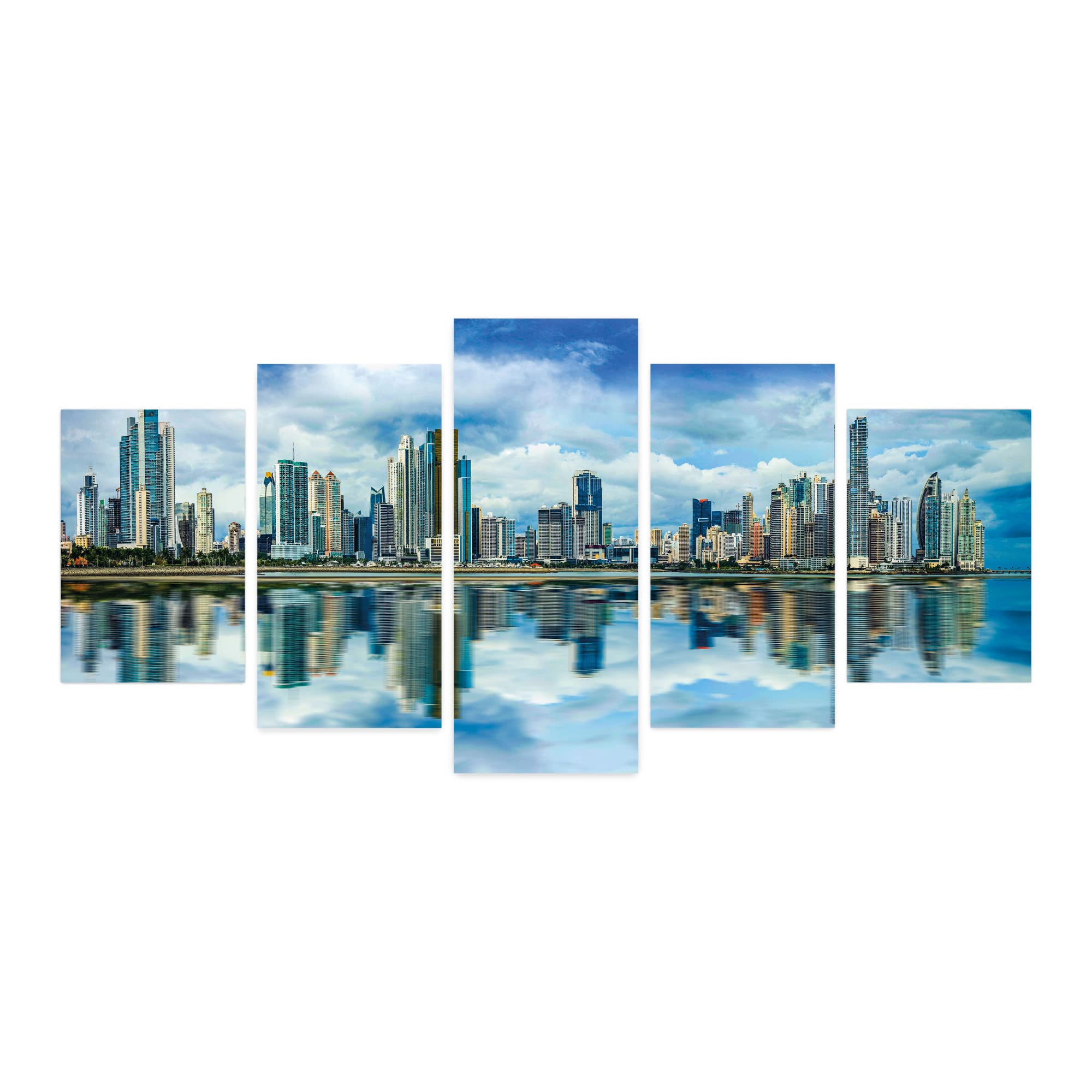 Ambesonne Cityscape 5-Panel Acrylic Glass Wall Art - Panama Water Reflection Scenery, Downtown Coastline Painting for Living Room, Bedroom & Dorm Decor, 60x30 Inches, Sea Blue & Pale Teal | Perfect for Modern Home, Office & Apartment Wall Decor