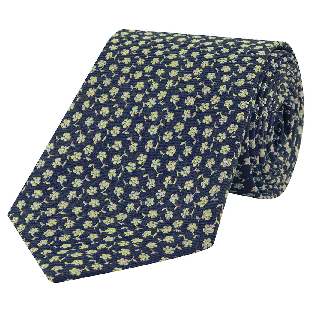 Navy and Yellow Micro Flower Woven Silk Tie for Men - Elegant Formal Necktie for Business, Wedding & Special Occasions