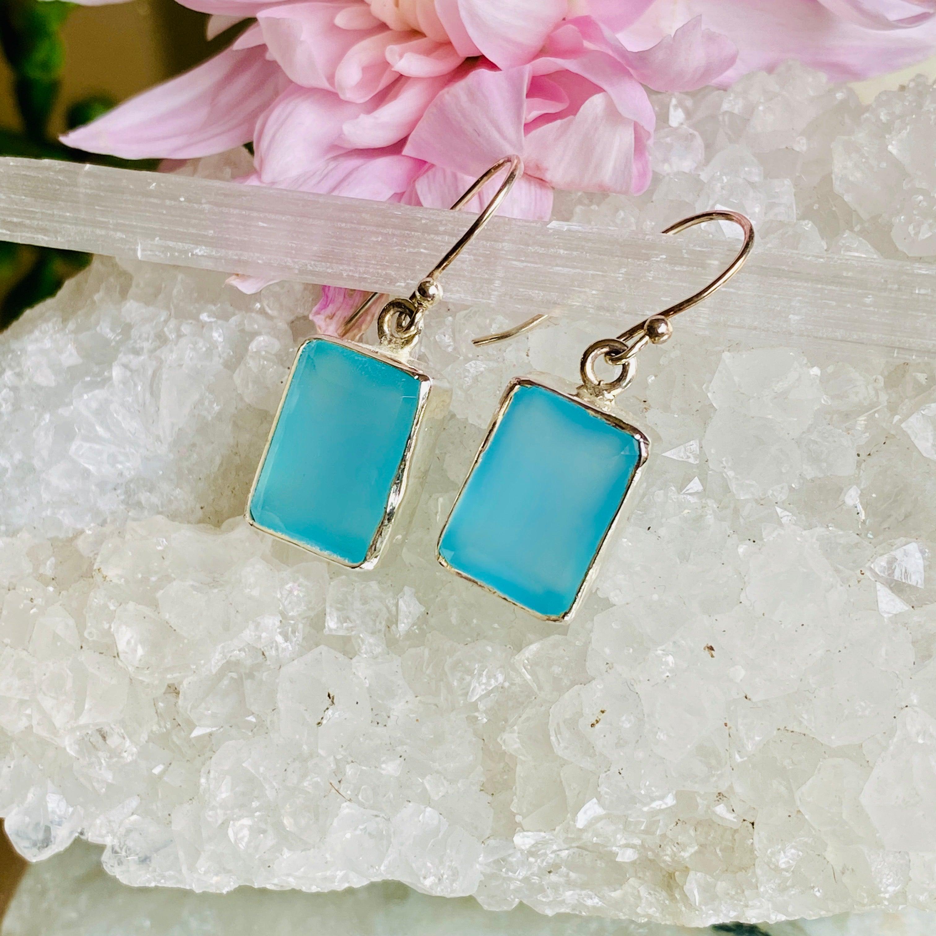 Blue Chalcedony Faceted Rectangular Earrings for Women – Elegant Gemstone Jewelry for Parties, Weddings & Special Occasions – KEGJ817