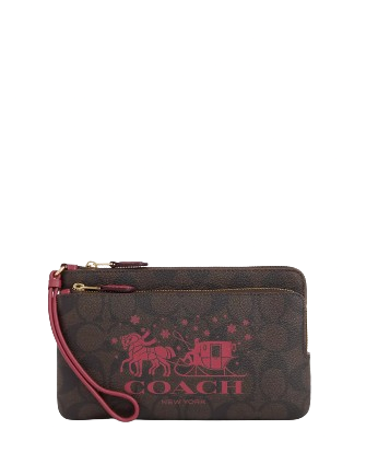 Coach Double Zip Wallet in Signature Canvas with Horse & Sleigh Design - Stylish & Durable Crossbody Wallet for Women, Perfect for Travel, Shopping & Everyday Use