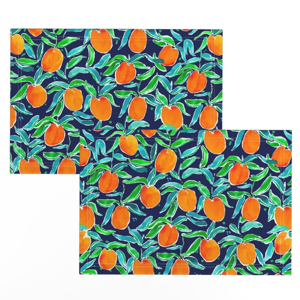 Premium Linen Cotton Canvas Placemats Set of 2 - Navy Orange Citrus Fruit Print Table Mats for Dining, Kitchen Decor & Party Settings