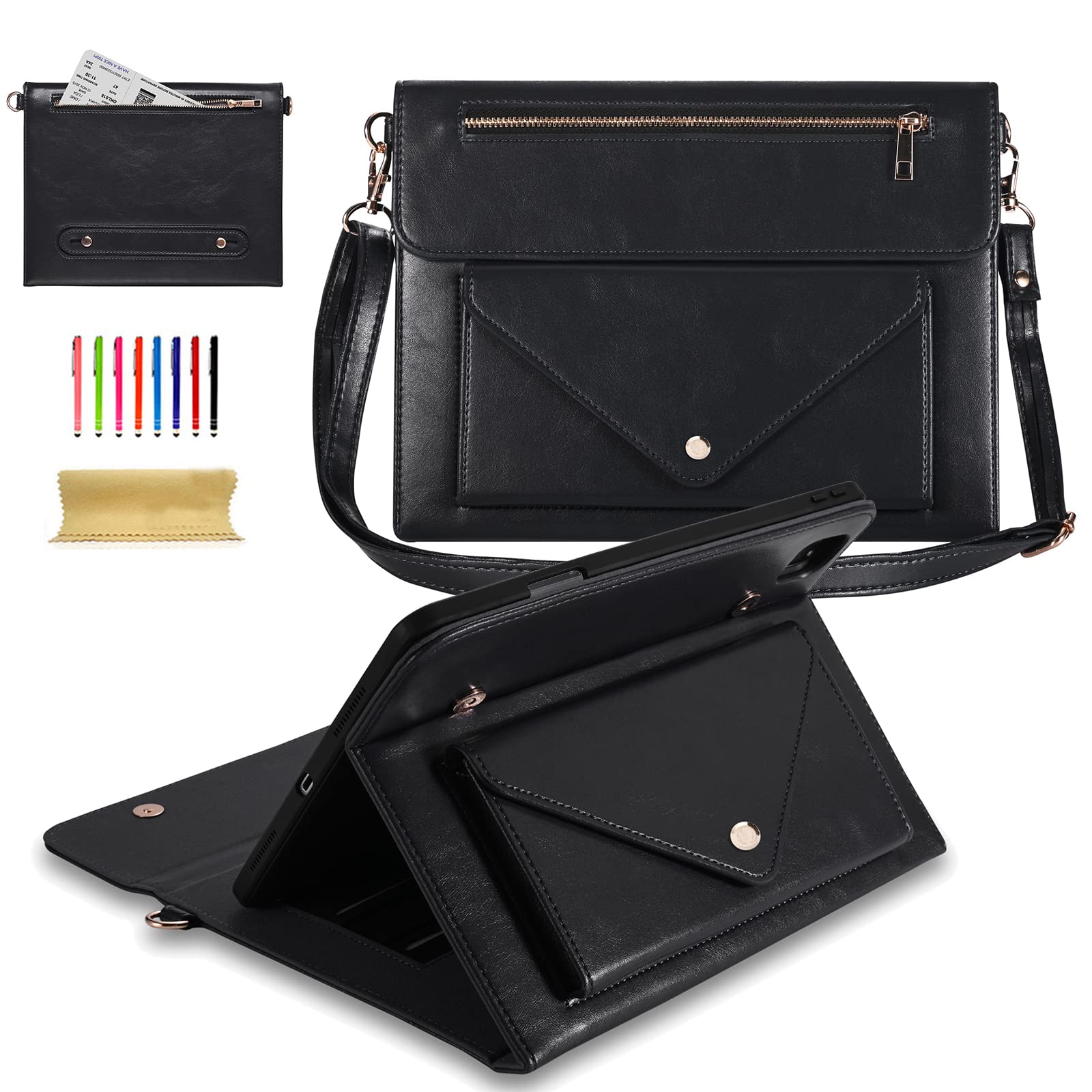 Dteck Premium PU Leather iPad Pro 11 Inch Case (1st-4th Gen) & iPad Air 11 Inch Case (4th-5th Gen) - Flip Stand Cover with Pencil Holder, Zipper Pocket & Strap - Protective Wallet Case in Black | Perfect for Business, Travel & Daily Use
