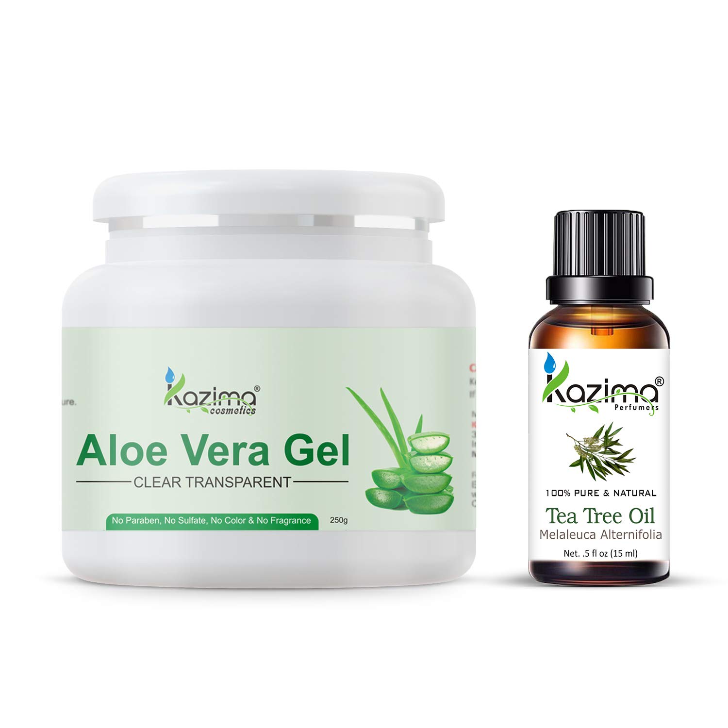KAZIMA Aloe Vera Gel 250g & Tea Tree Essential Oil 15ml Combo - 100% Pure Natural Skin Care for Face, Acne Scars, Hair Moisturizer & Dark Circles Treatment - Perfect for Daily Hydration, Soothing Sunburns & DIY Beauty Recipes