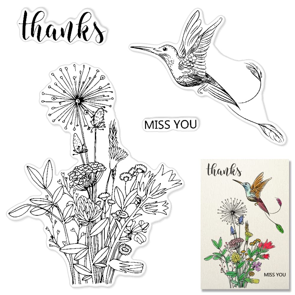 LANGFON Dandelion Flower Bird Clear Stamps Set for DIY Card Making, Scrapbooking, Embossing - Transparent Silicone Seal Stamps with Thankful Words for Album Decor, Journaling, Gift Wrapping & Craft Projects