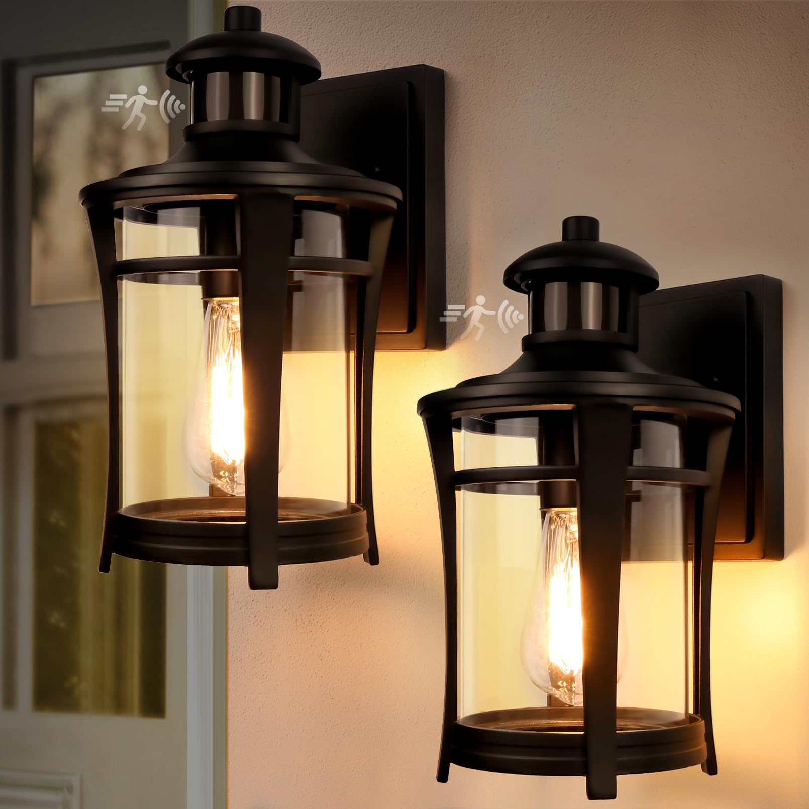 2-Pack Motion Sensor Outdoor Lights - Dusk to Dawn Porch Lighting with 3 Modes, Waterproof Aluminum Wall Lantern for House Entryway - Perfect for Front Door, Garage, Patio, and Backyard Security Lighting