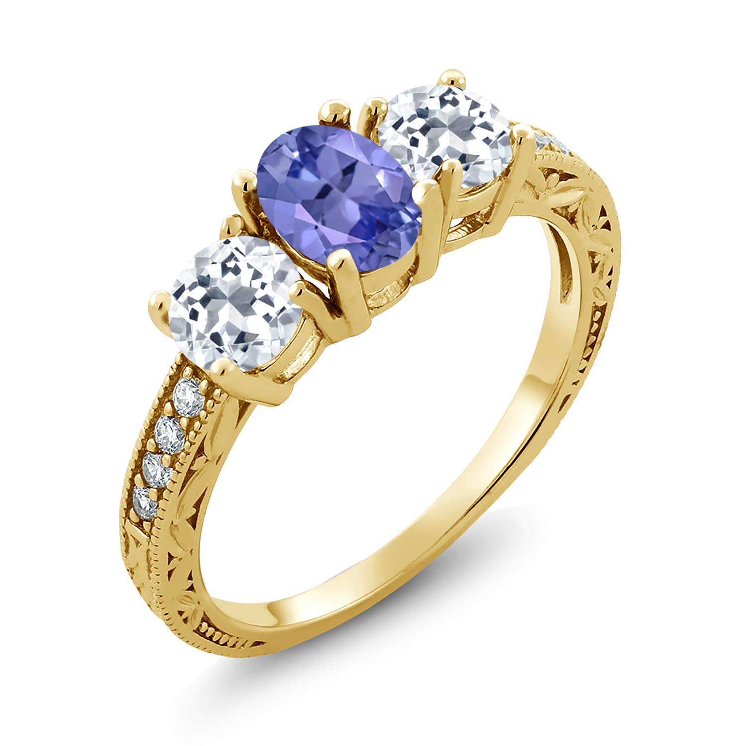 1.87 Ct Oval Blue Tanzanite & White Topaz Ring - 18K Yellow Gold Plated Sterling Silver - Elegant Jewelry for Weddings, Anniversaries & Special Occasions