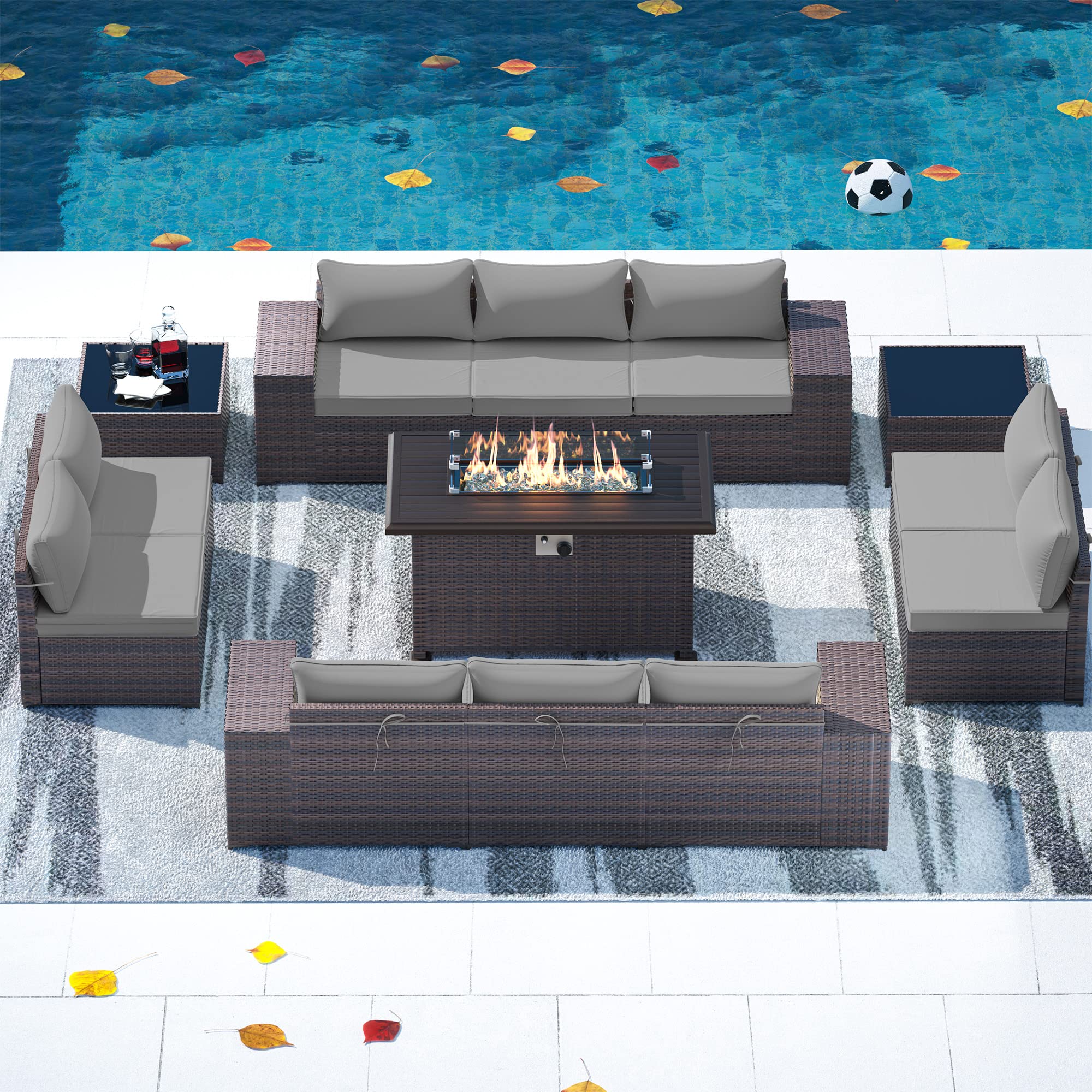 Gotland 13-Piece Large Outdoor Furniture Set - 10-Seater Wicker Patio Conversation Set with Fire Pit Table (43