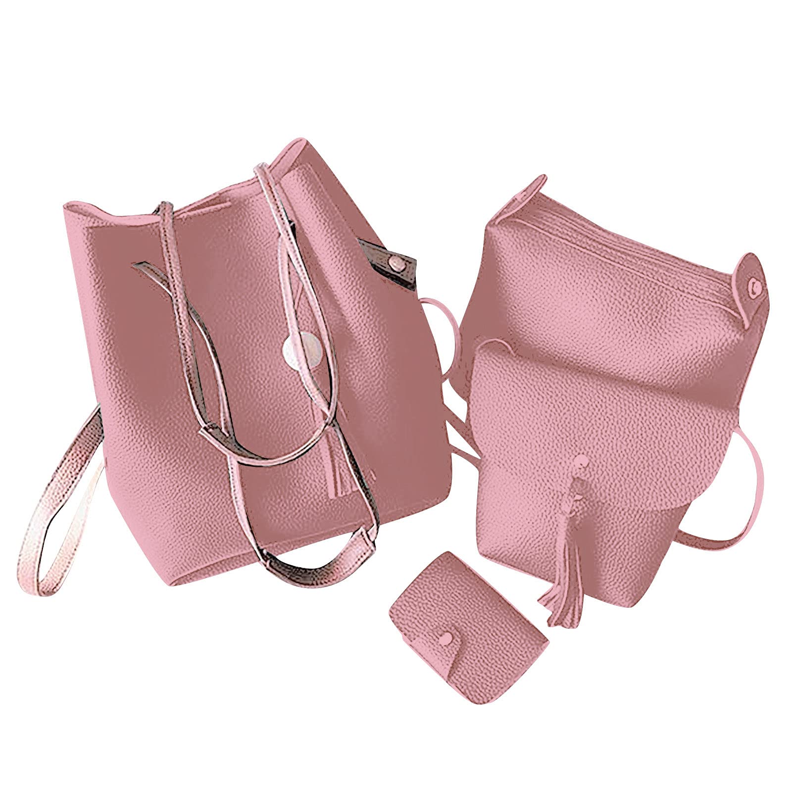 4Pc Fashion Women's Litchi Pattern Shoulder Crossbody Bucket Bag Set - Stylish Wooden Bead Embellished Clutch & Tote for Women | Perfect for Work, Travel, Shopping & Evening Out