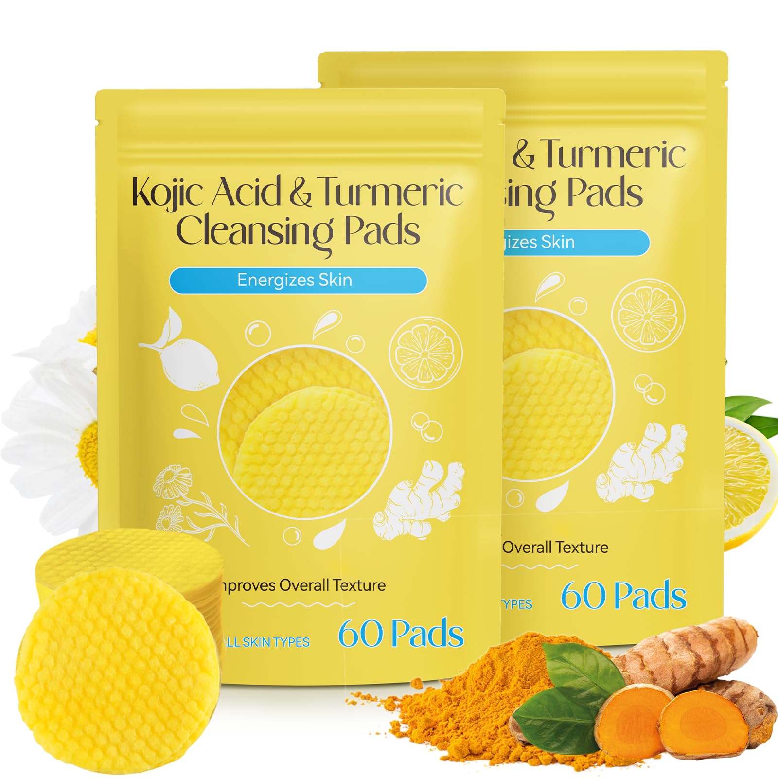 2 Pack Turmeric & Kojic Acid Cleansing Pads (120 Count) - Brightening Exfoliating Pads for Face & Body - Remove Dead Skin, Even Skin Tone, Balance Oil - Perfect for Daily Skincare & Post-Workout Refresh