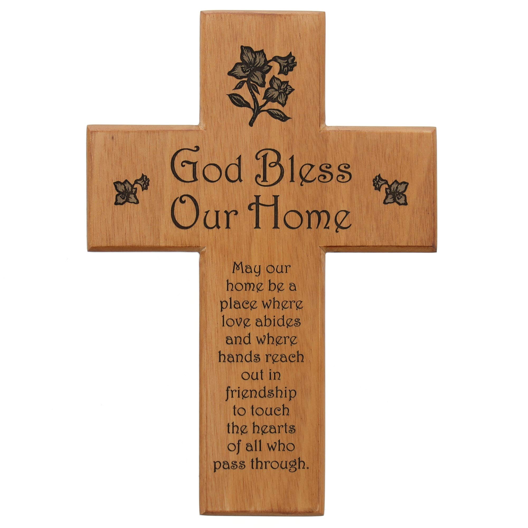 8 Inch Mahogany Wall Cross - 'God Bless Our Home' Engraved Religious Decor for Housewarming, Wedding & Christian Home Blessing