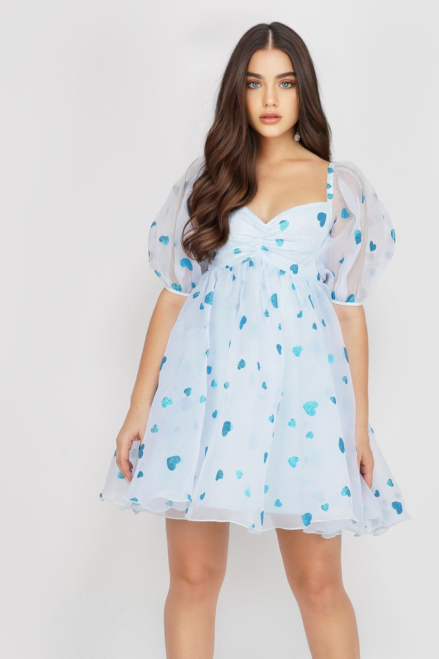 Melanie Puff Sleeve Dress - Blue Heart Print Flowy Summer Dress for Women | Perfect for Dates, Parties & Beach Vacations